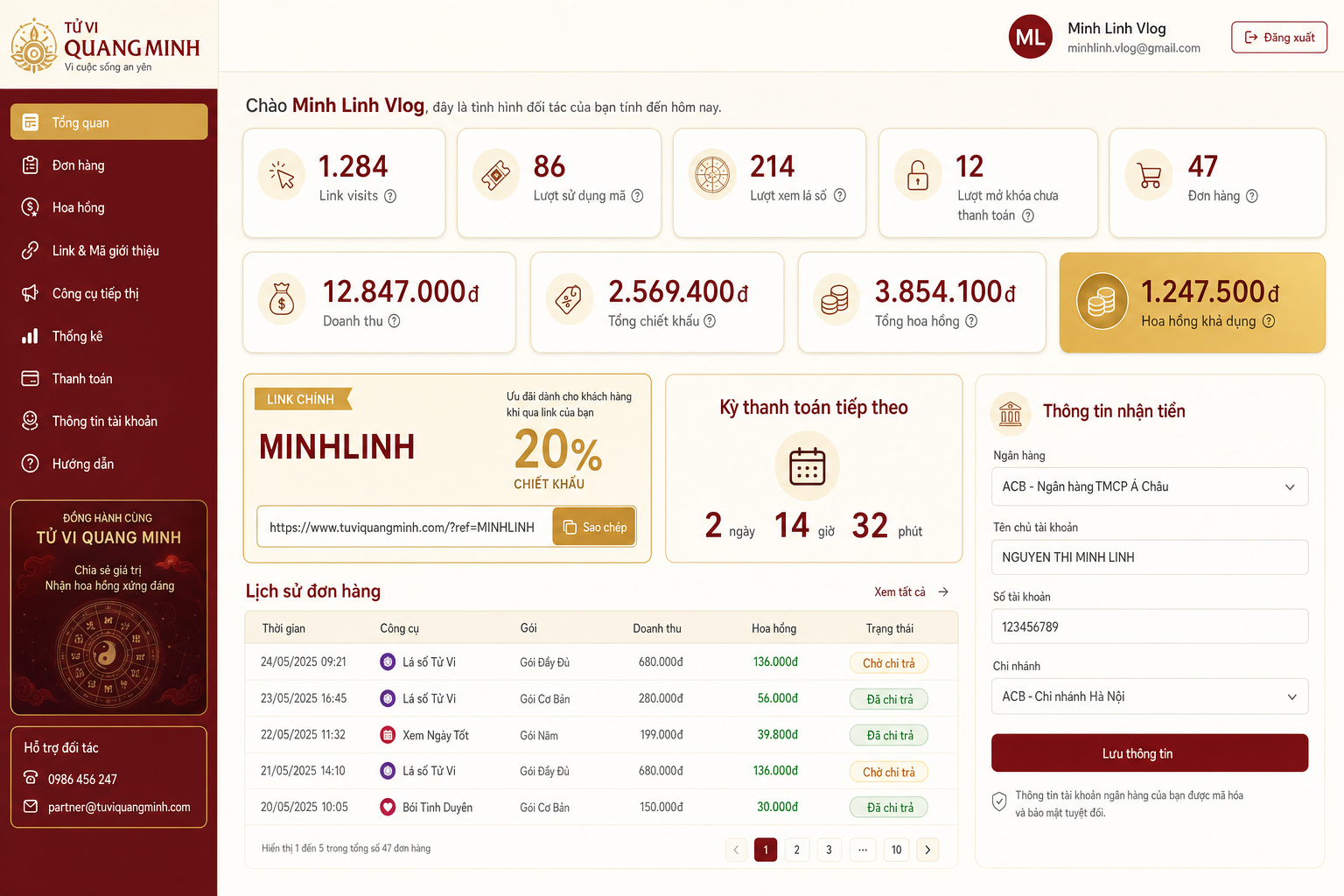 Dashboard đối tác trên máy tính — lưới thống kê 5 cột, bảng đơn hàng đầy đủ